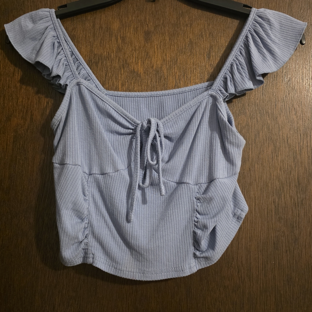 Cider Light Blue Ribbed Tie-Front Crop Top with Ruffle Straps